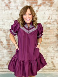 Dina Solid Embroidered Smock Dress