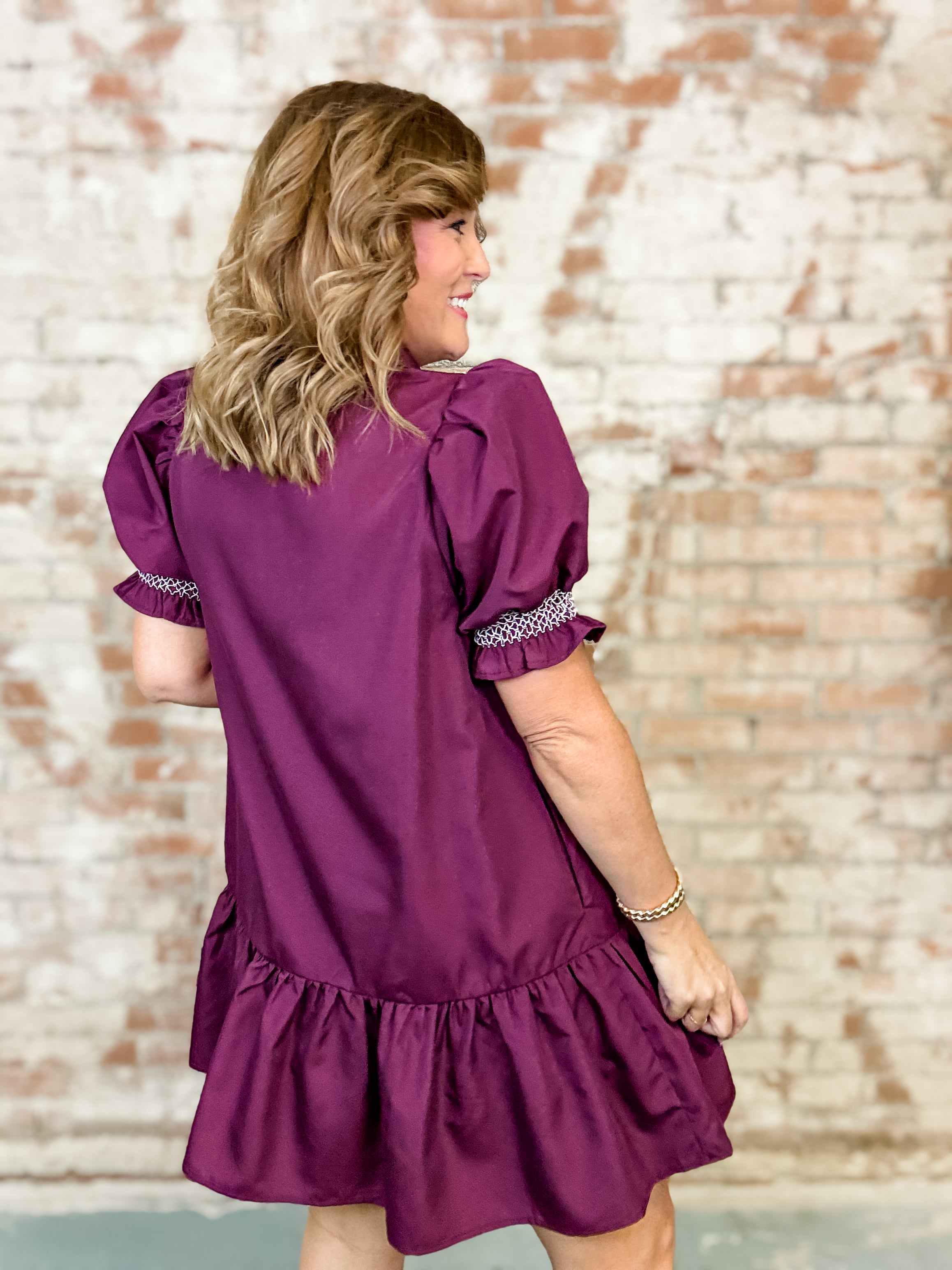 Dina Solid Embroidered Smock Dress