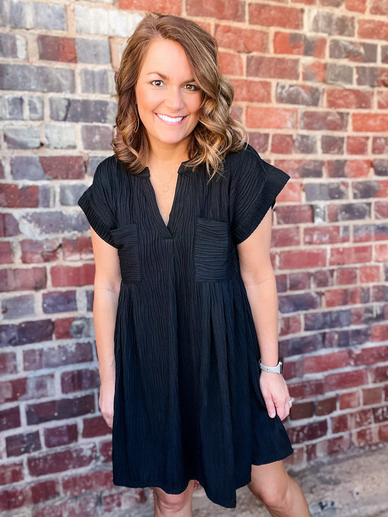 Black Solid Textured Mini Dress