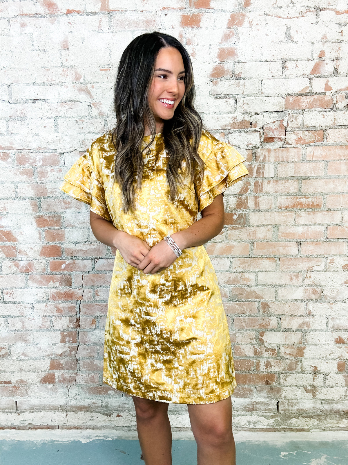 Ebbie Gold Ruffle Short Sleeve Dress