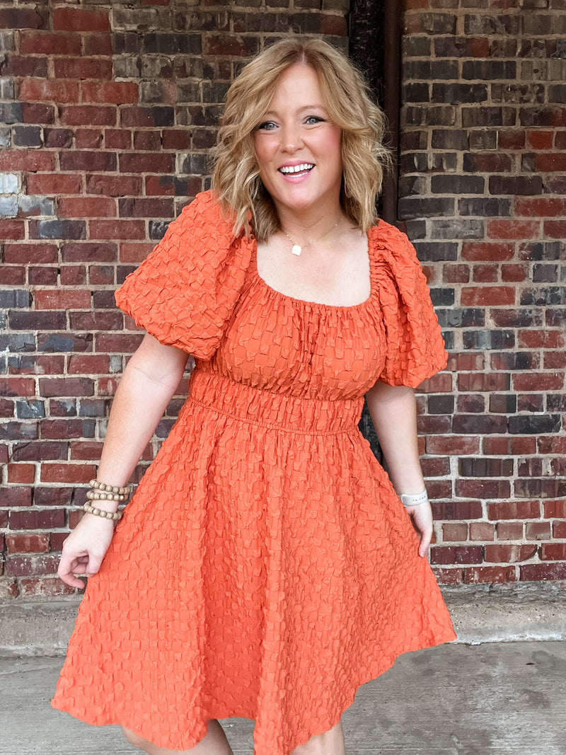 Pumpkin Square Neck Textured Midi Dress