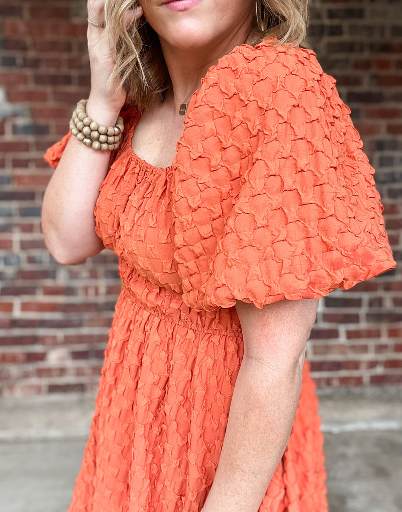 Pumpkin Square Neck Textured Midi Dress