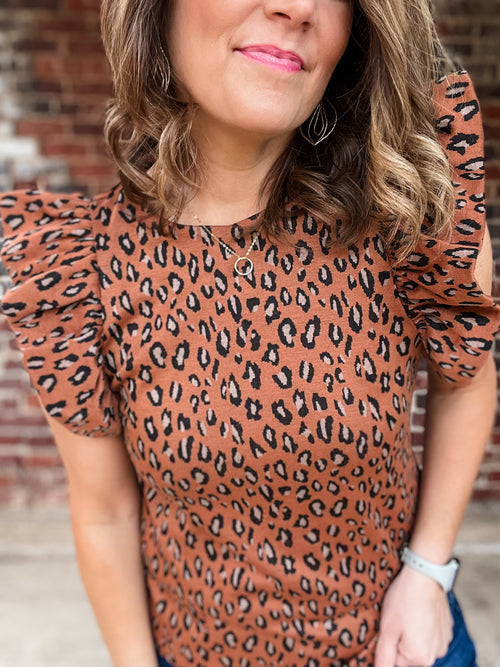 THML Rust Cheetah Ruffle Sleeve Top