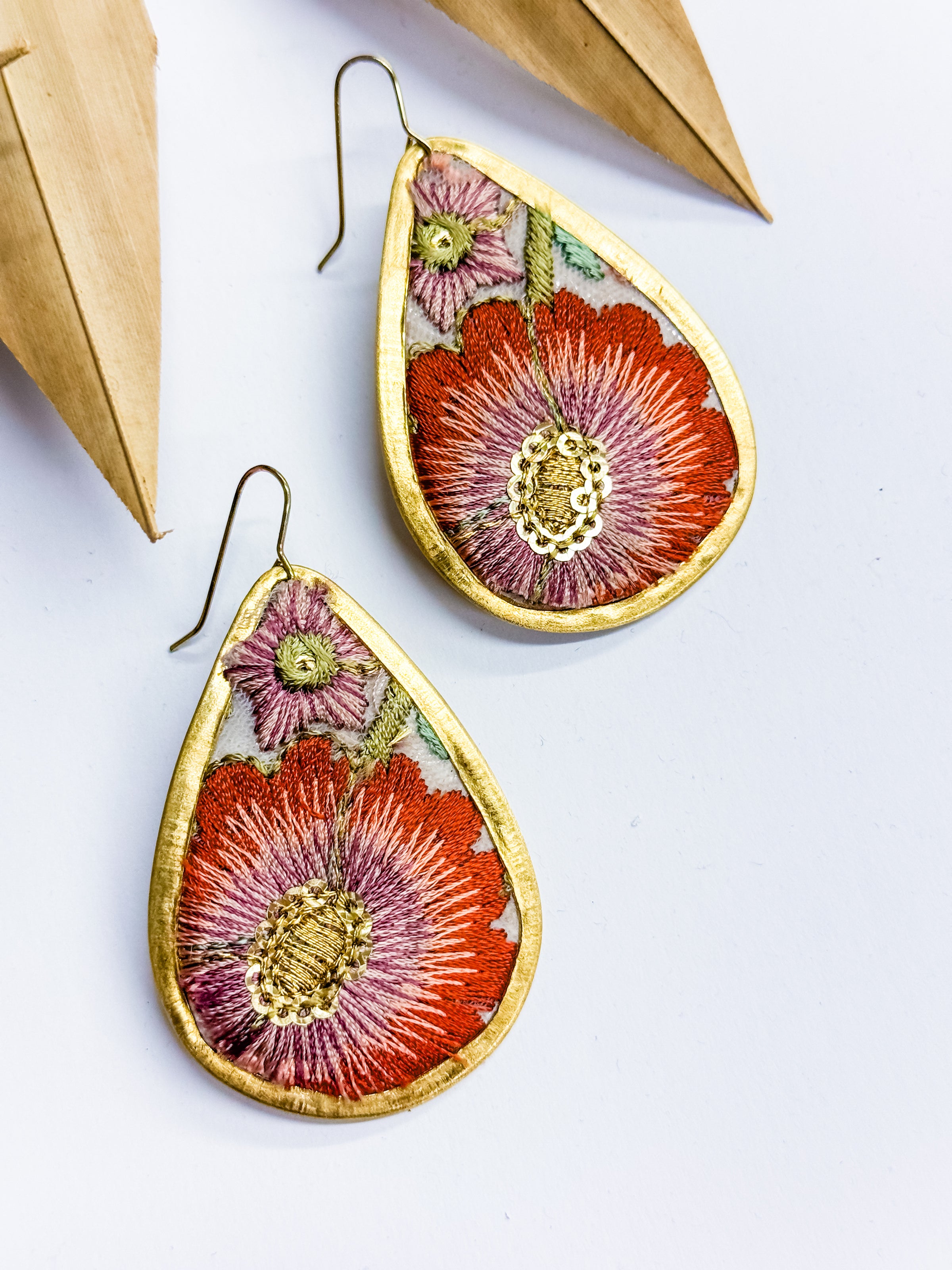 Honey Embroidered Teardrop Earrings