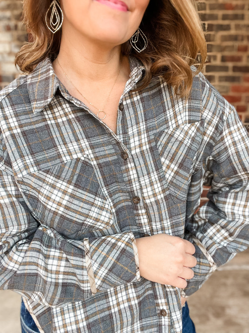 Grey Cuff Detail Plaid Top