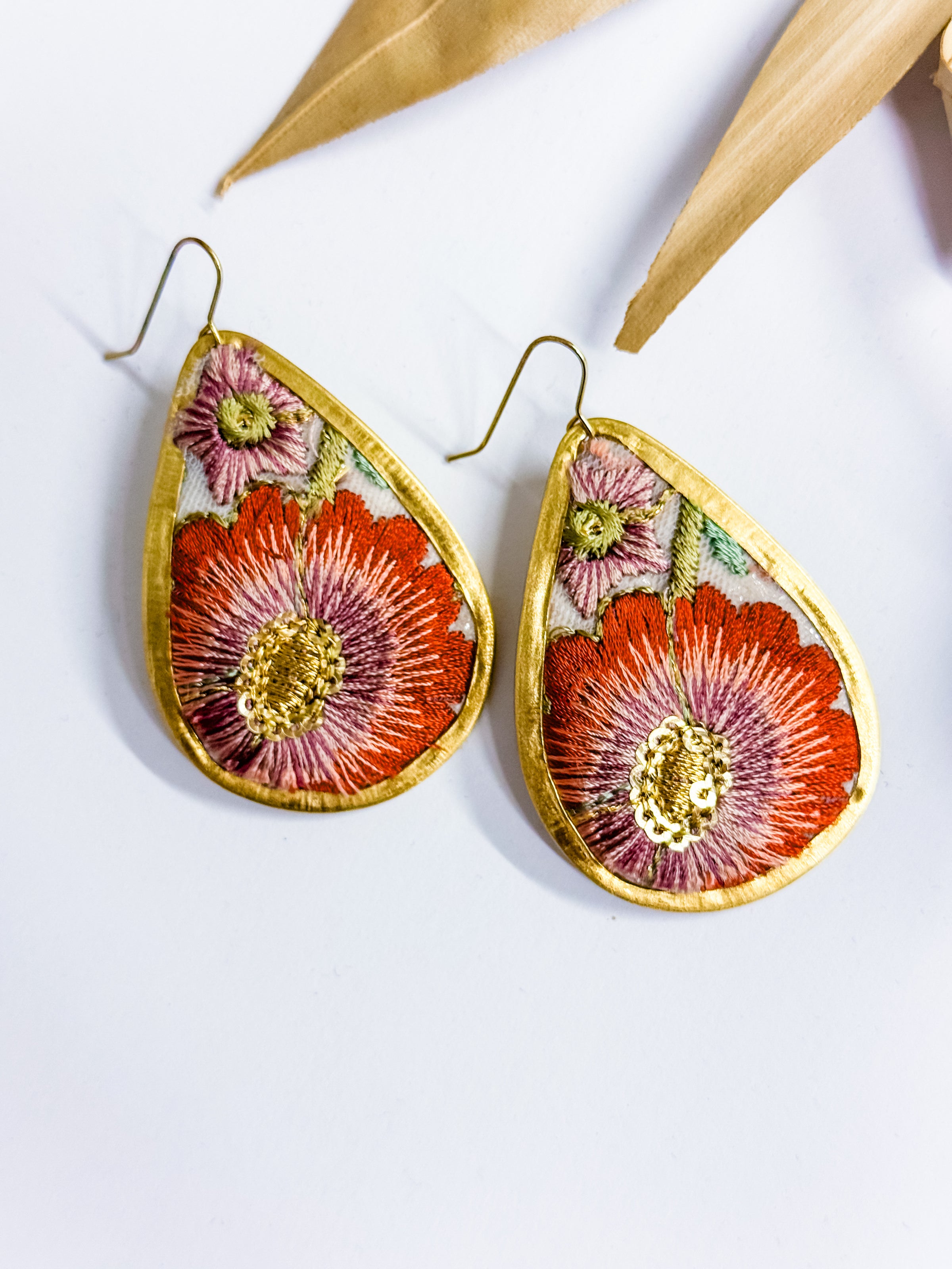 Honey Embroidered Teardrop Earrings