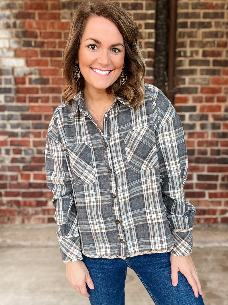 Grey Cuff Detail Plaid Top