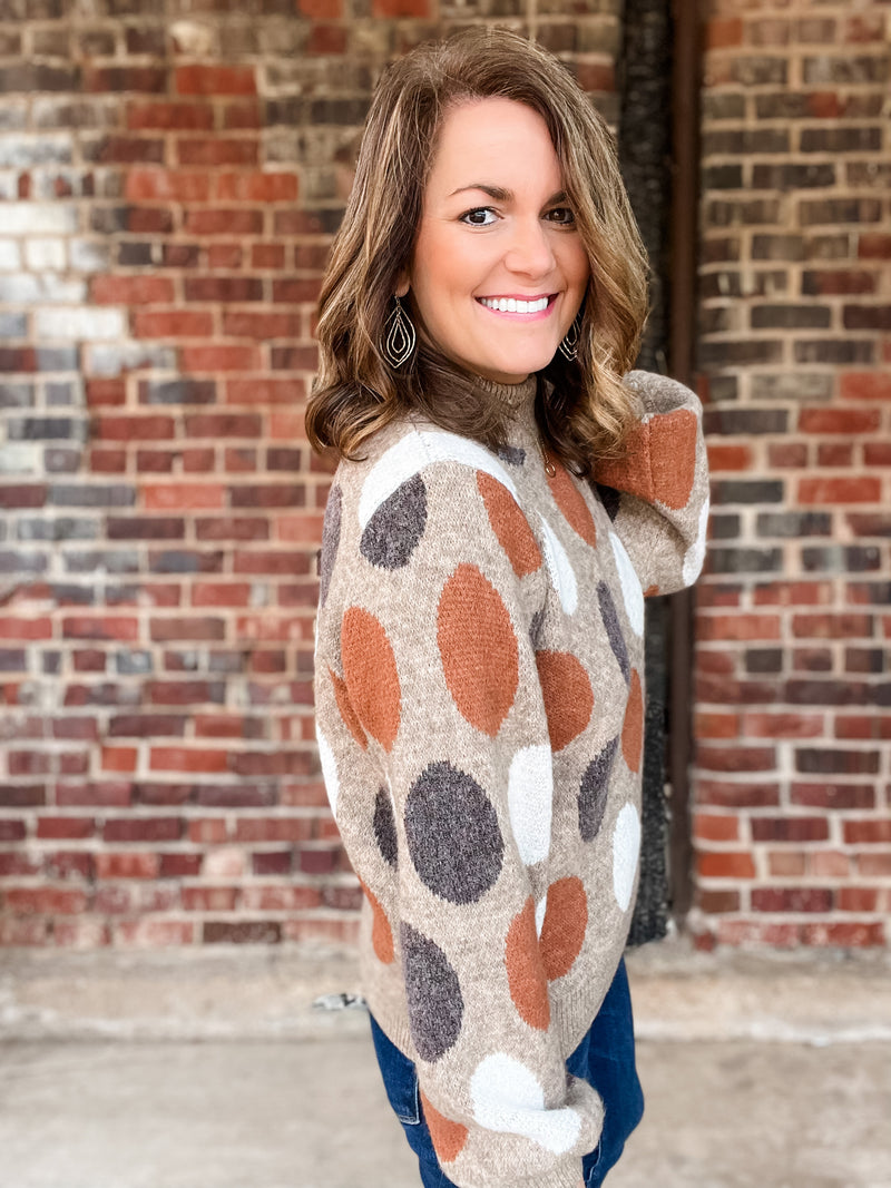 Beige Dot Pattern Mock Neck Sweater