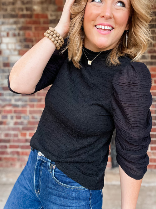 THML Black Ruched Textured Sleeve Top