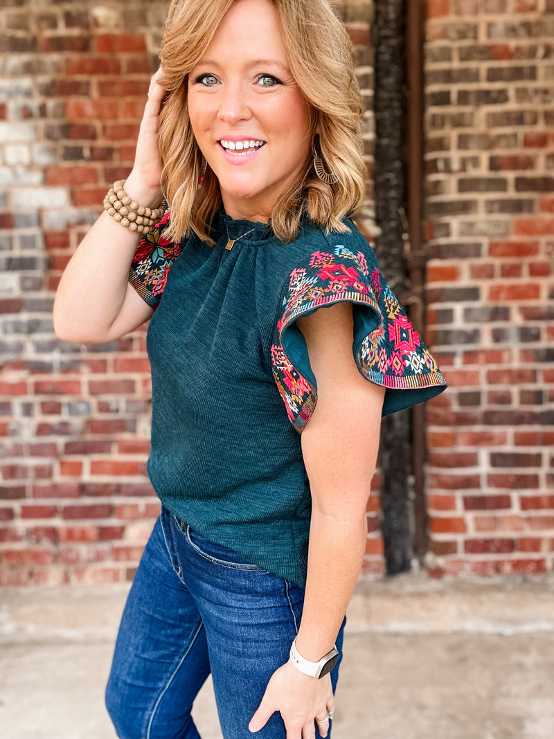 THML Embroidered Ribbed Knit Top