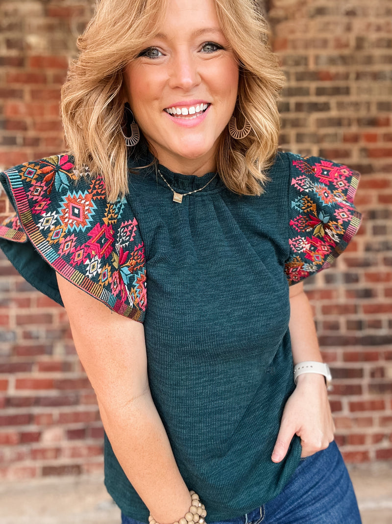 THML Embroidered Ribbed Knit Top