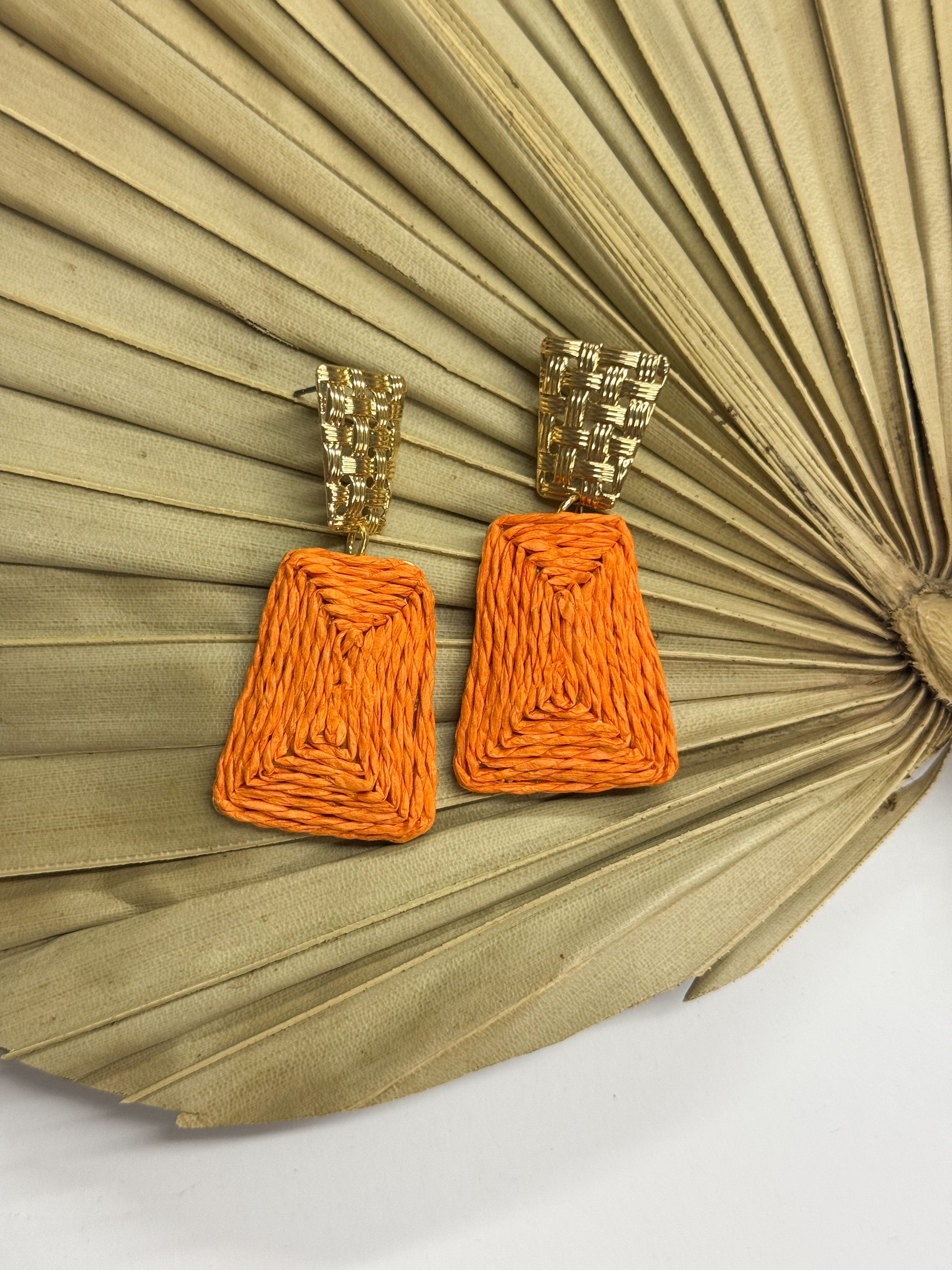 Jeannie Orange Raffia + Gold Earrings