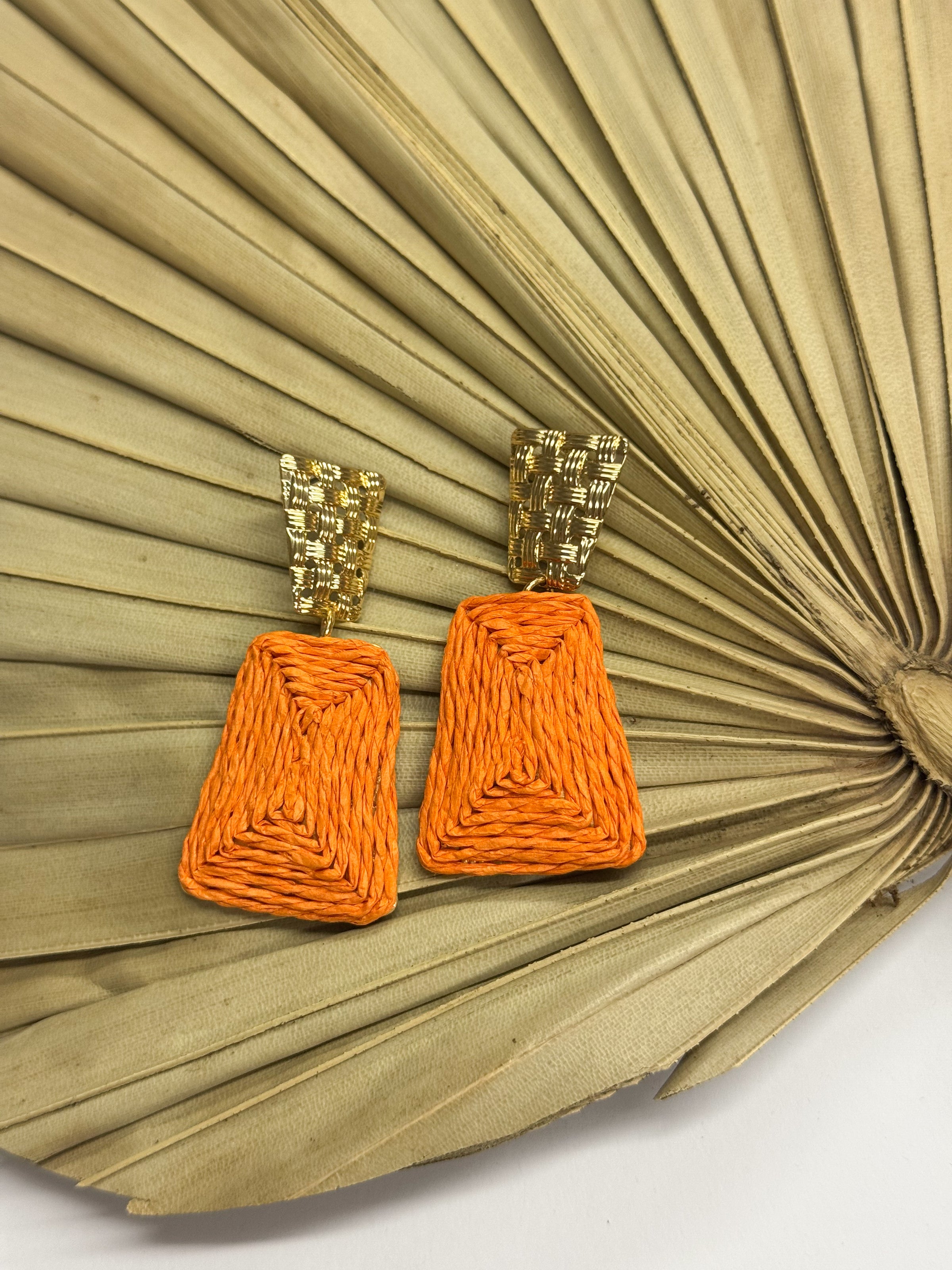 Jeannie Orange Raffia + Gold Earrings