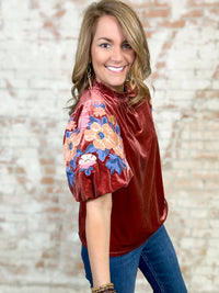 THML Annmarie Embroidered Sleeve Velvet Top - FINAL SALE