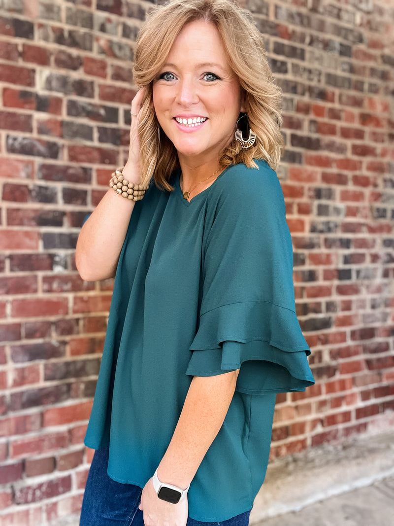 Curvy Dark Teal Ruffle Sleeve Top