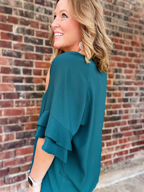 Curvy Dark Teal Ruffle Sleeve Top