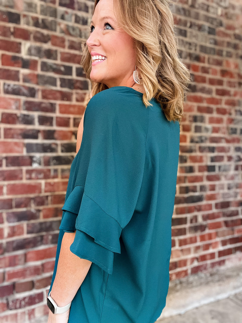 Curvy Dark Teal Ruffle Sleeve Top
