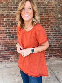 Curvy Short Sleeve Frayed Hem Top - FINAL SALE