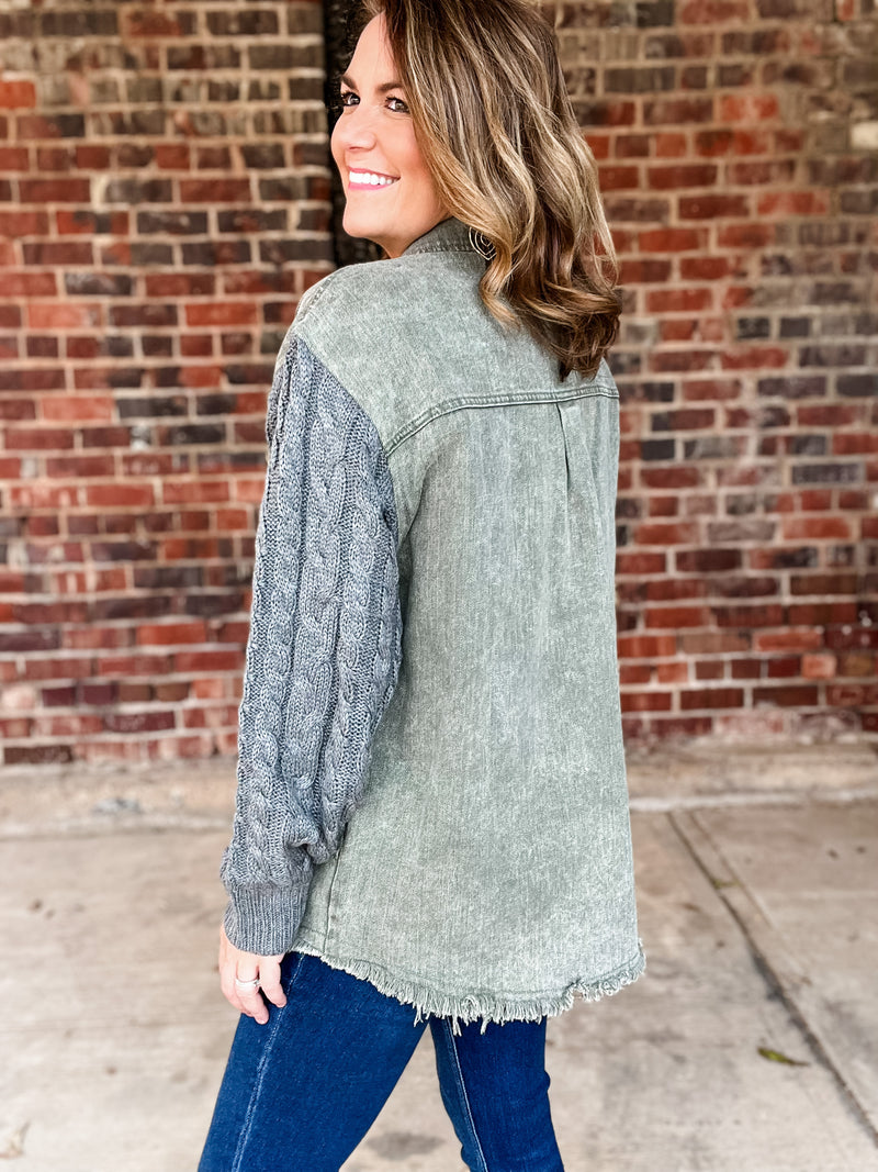 Twill + Cable Knit Mix Shacket