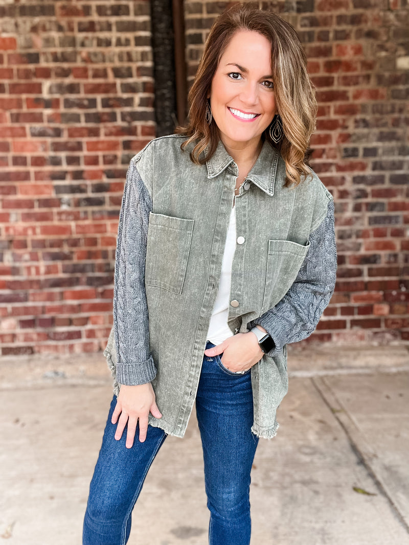 Twill + Cable Knit Mix Shacket