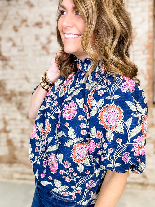 THML All Over Navy Floral Puff Sleeve Top