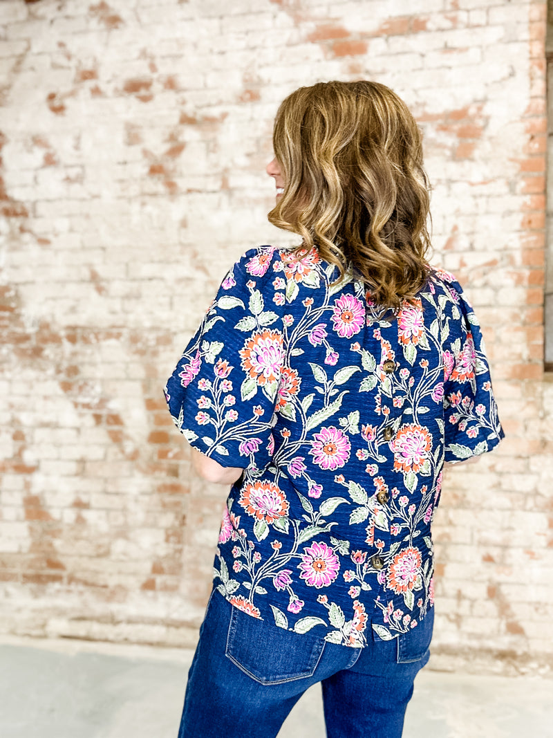 THML All Over Navy Floral Puff Sleeve Top