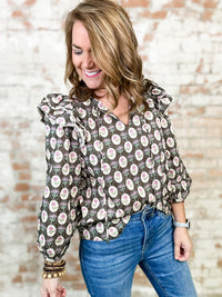 Allie Floral Medallion Print Ruffle Top