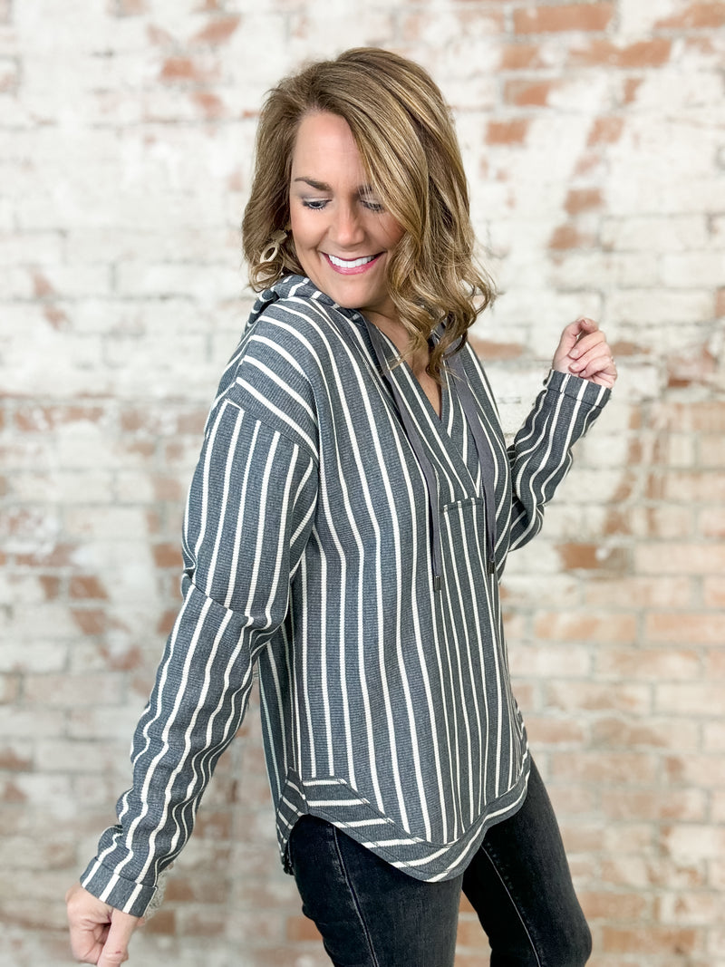 Kim Grey Stripe Hooded Pullover