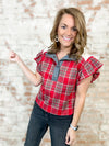 Jaden Red Plaid Ruffle Sleeves Top