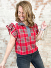 Jaden Red Plaid Ruffle Sleeves Top