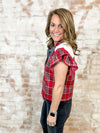 Jaden Red Plaid Ruffle Sleeves Top