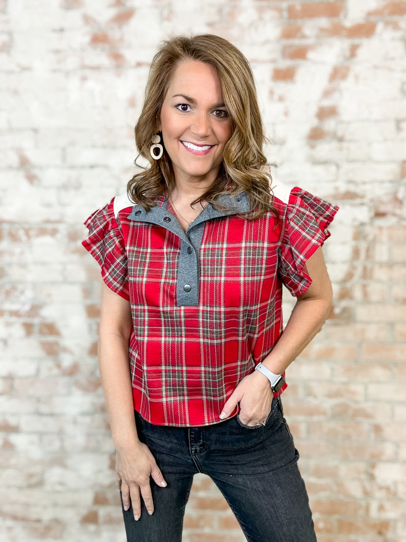 Jaden Red Plaid Ruffle Sleeves Top