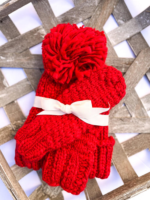 Red Knit Hat & Mitten Set