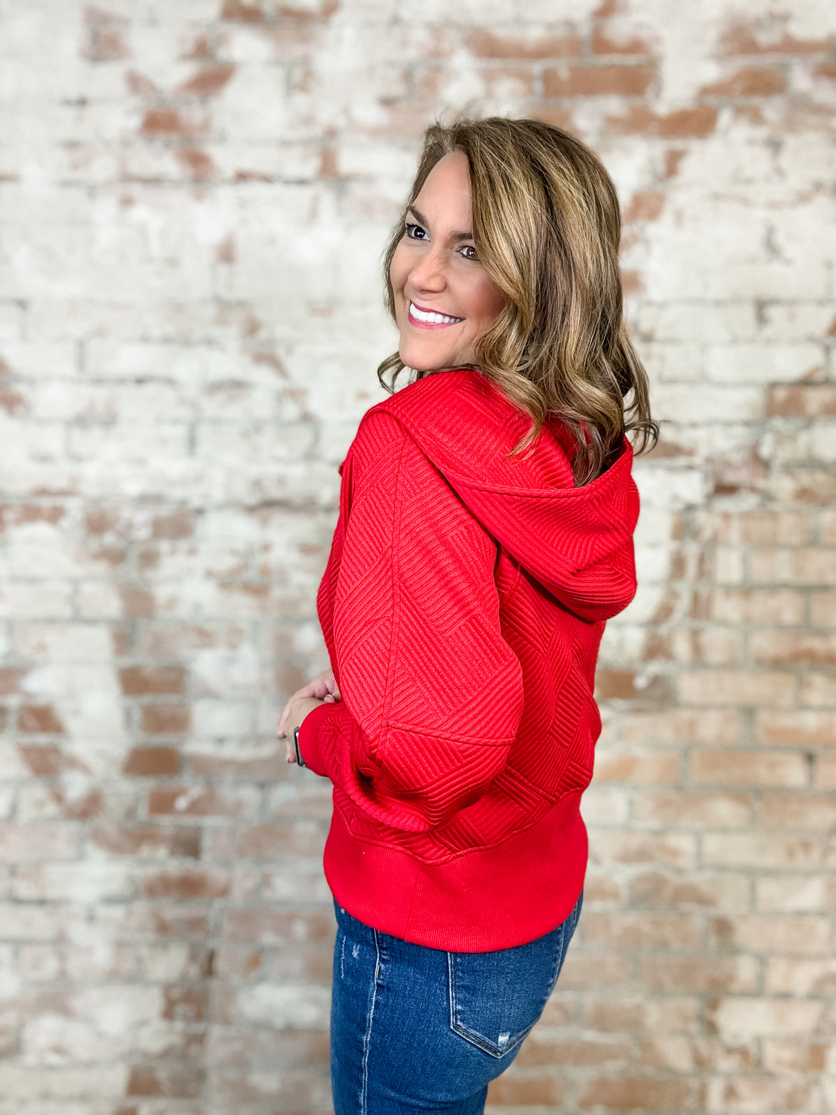 Camilla Red Solid Textured Hoodie