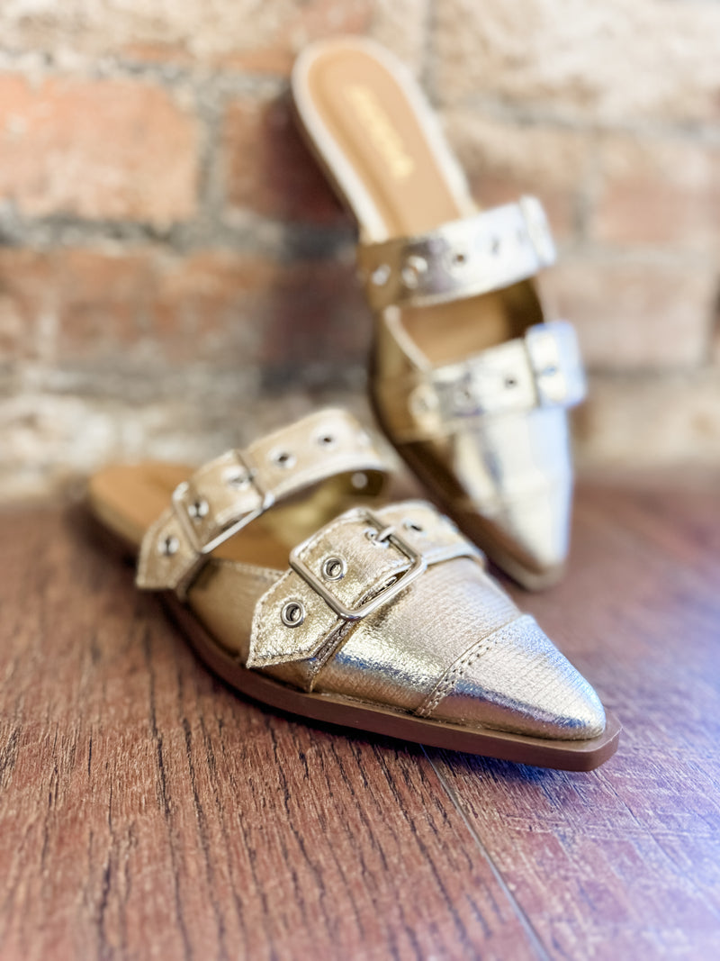 Danni Gold Studded Buckle Strap Mules - FINAL SALE