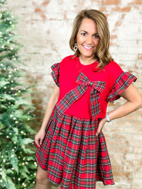 Jolly Bow Plaid Flutter Sleeve Dress