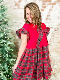 Jolly Bow Plaid Flutter Sleeve Dress