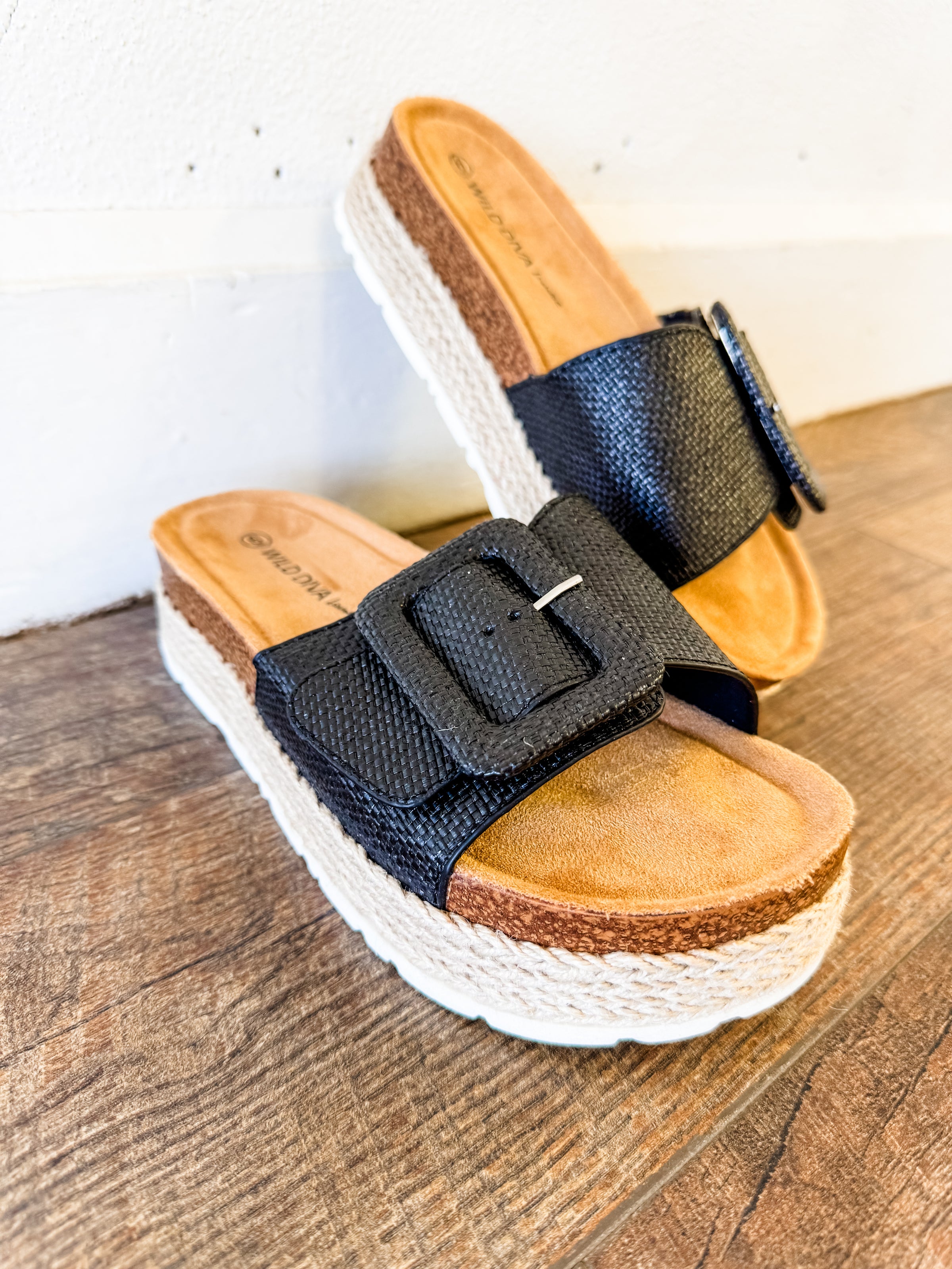 Adra Black Raffia Buckle Platform Sandals