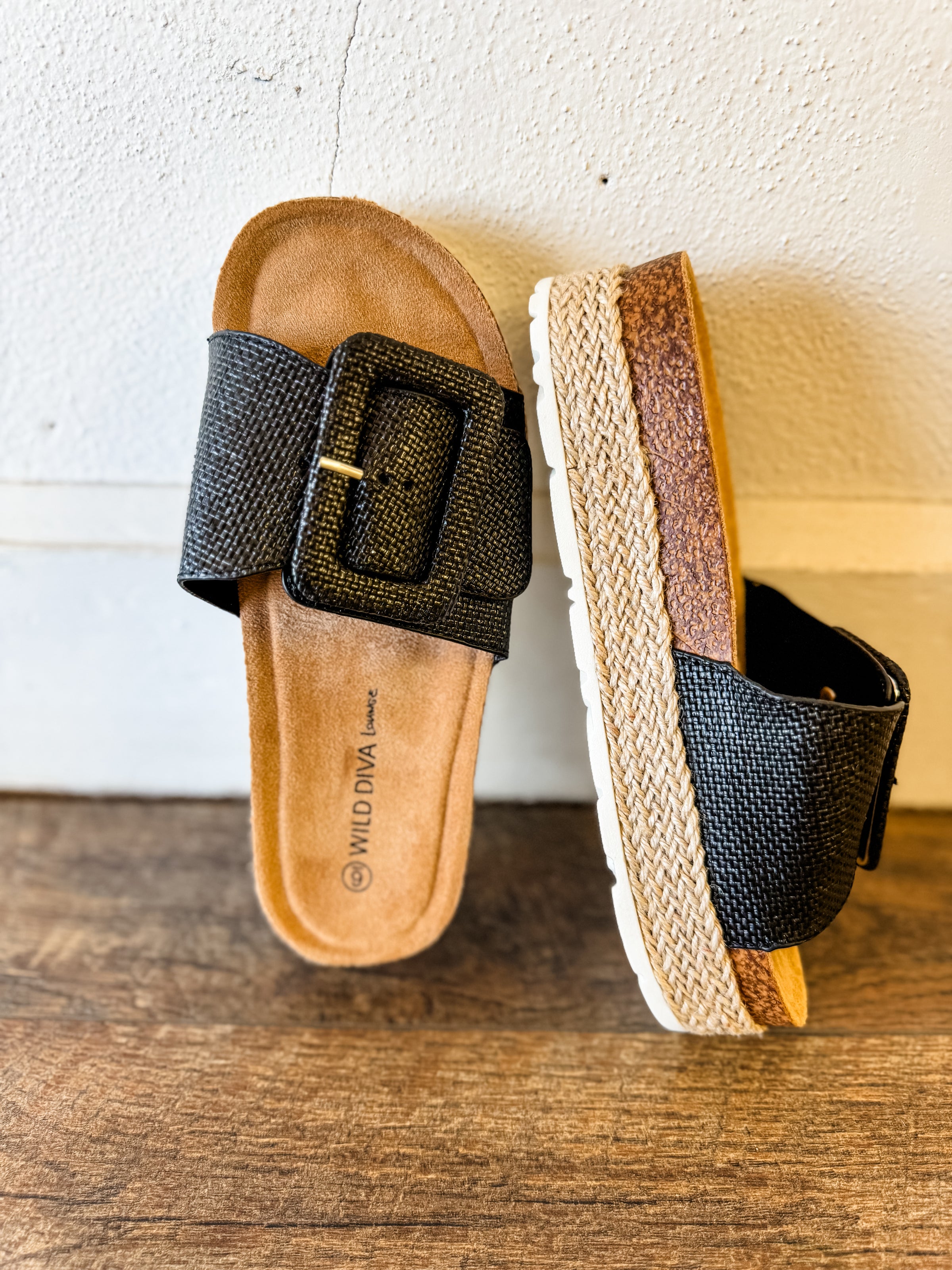 Adra Black Raffia Buckle Platform Sandals