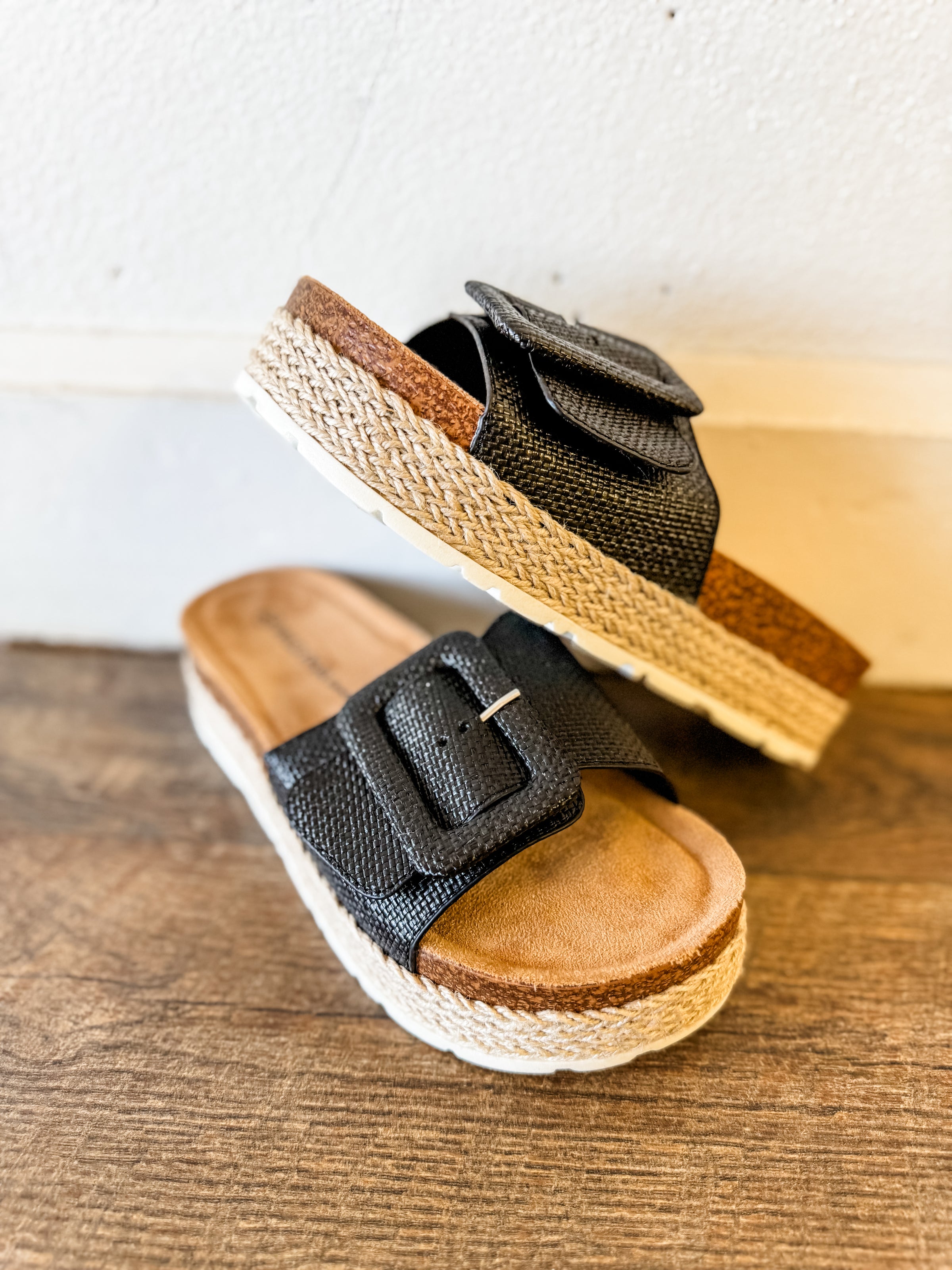 Adra Black Raffia Buckle Platform Sandals