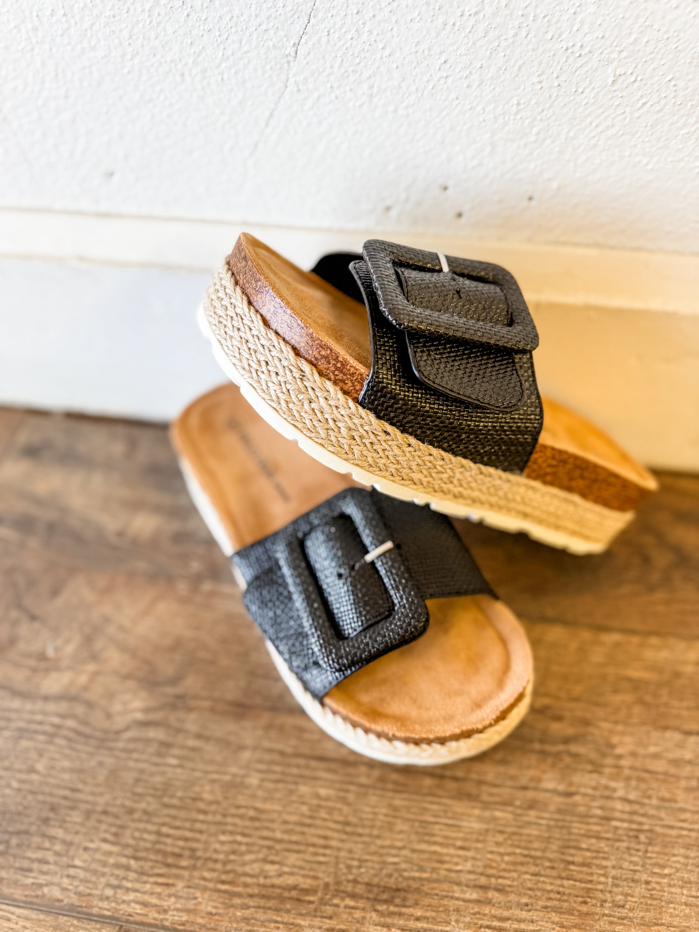 Adra Black Raffia Buckle Platform Sandals
