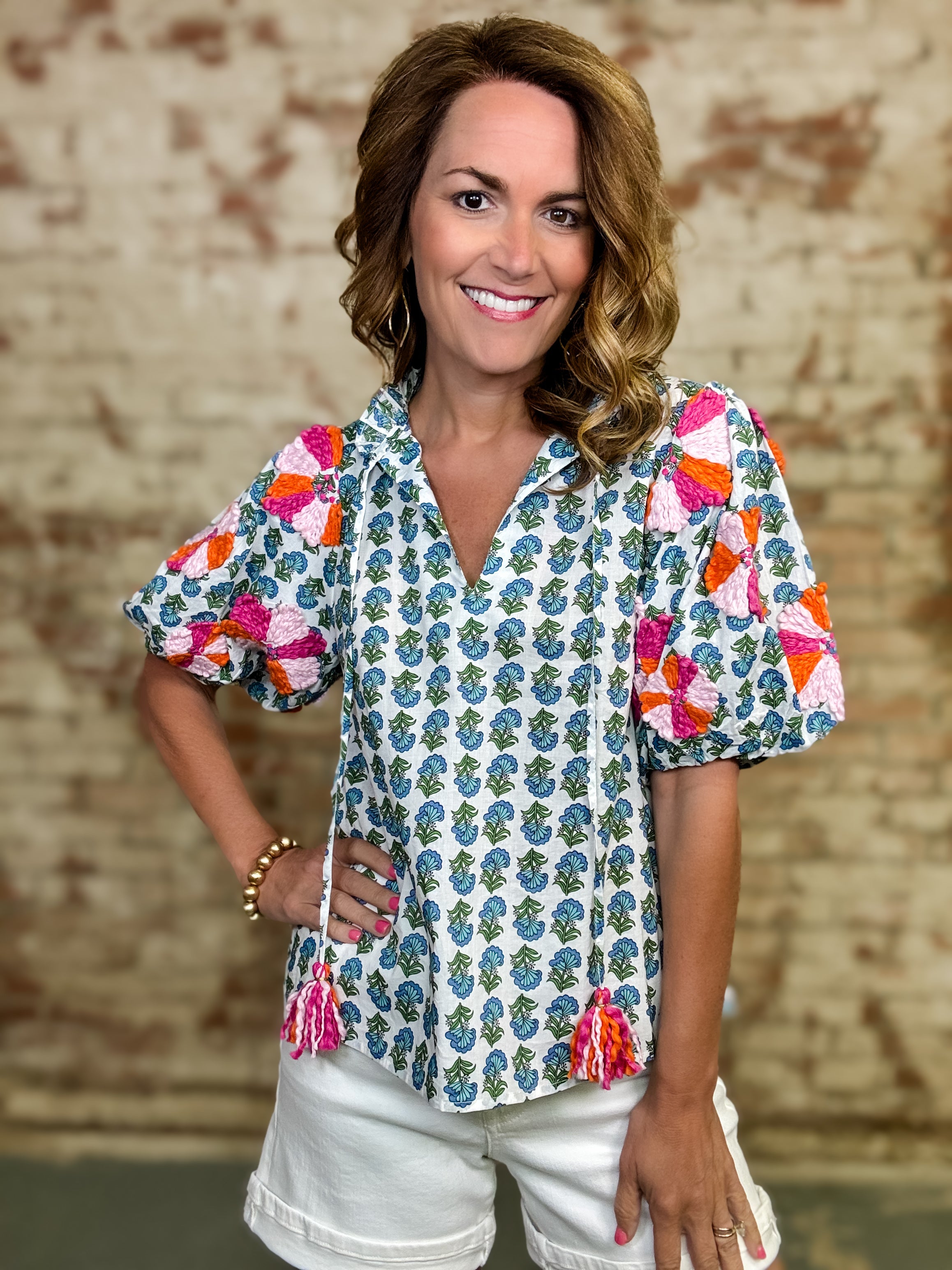 THML Stacie Embroidered Sleeve Top