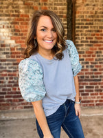 Blue Floral Jacquard Sleeve Top
