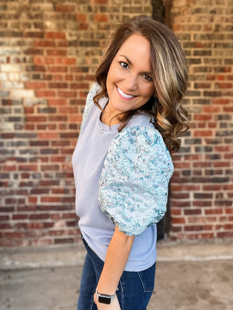 Blue Floral Jacquard Sleeve Top