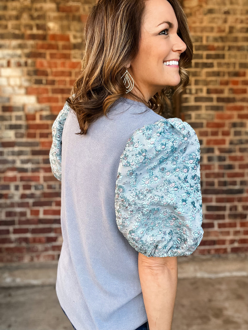 Blue Floral Jacquard Sleeve Top