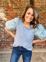 Blue Floral Jacquard Sleeve Top