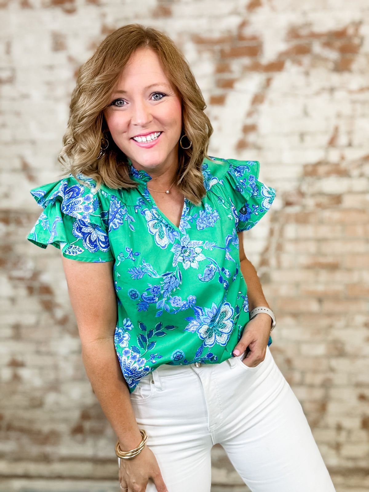Haddax Floral Flutter Sleeve Top