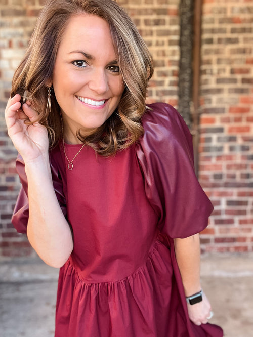 Maroon Ren Leather Sleeve Dress