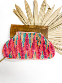 Pink Zig Stitched Beaded Clutch
