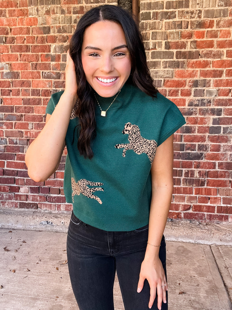 Hunter Green Leopard Cropped Sweater